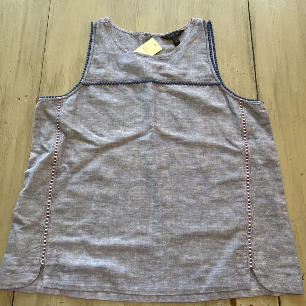 NWT J Crew Blue Linen Blend Embroidered Tank Top Sz 12 Classic Preppy Nautical
